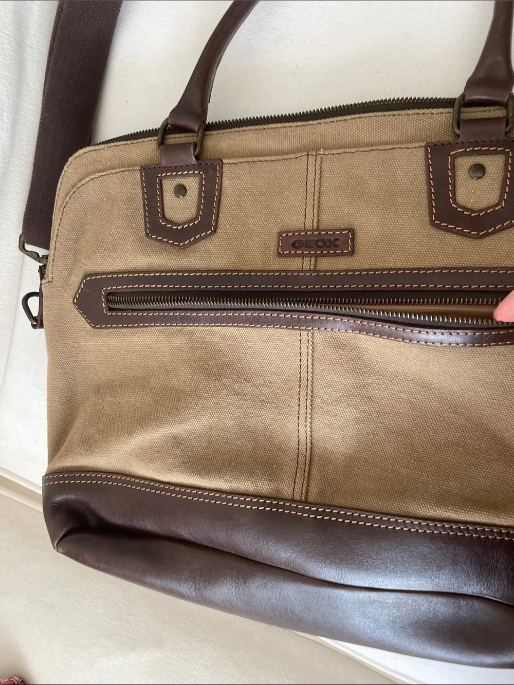 Geox Tan Canvas and Brown Leather Laptop Messenger Bag